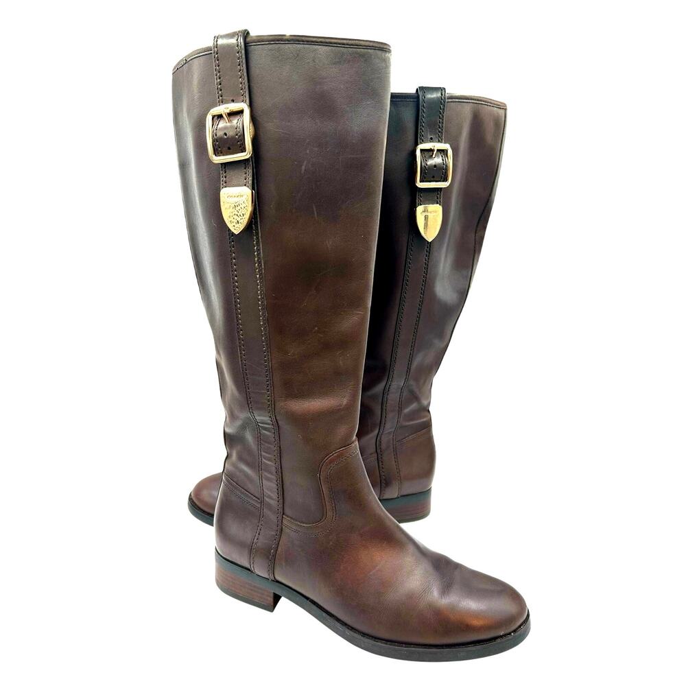 Coach Easton Tall Riding Boots Chocolate Brown Leather Gold Buckle Size 8